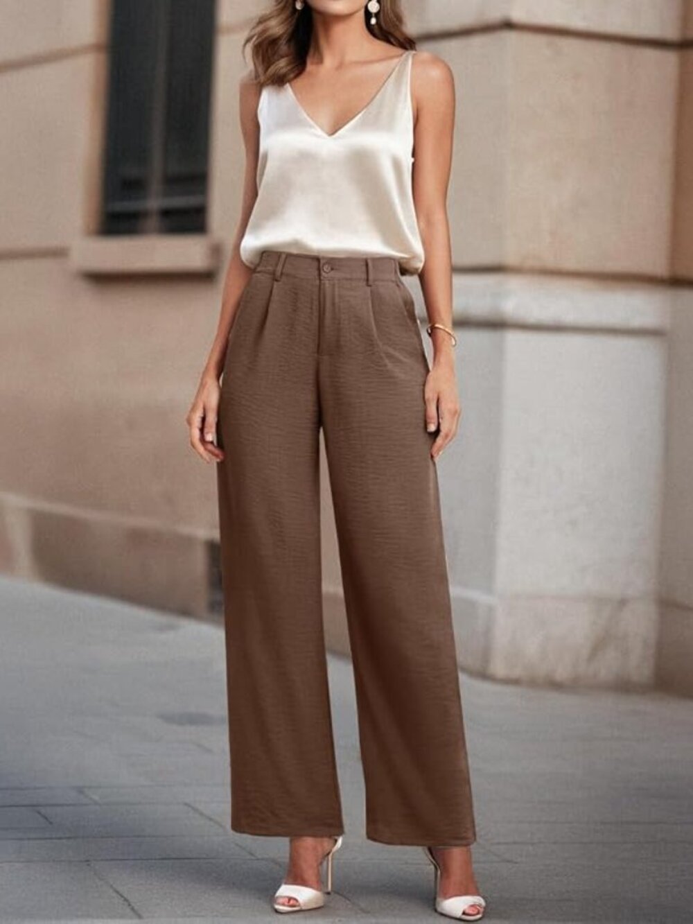 Women's Coffee High Waisted Button Down Straight Long Casual Wide Leg Pants - Picture 3 of 6